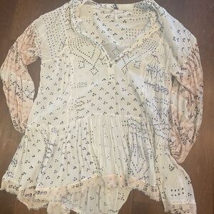 Free People Cream and Pink Patterned Blouse